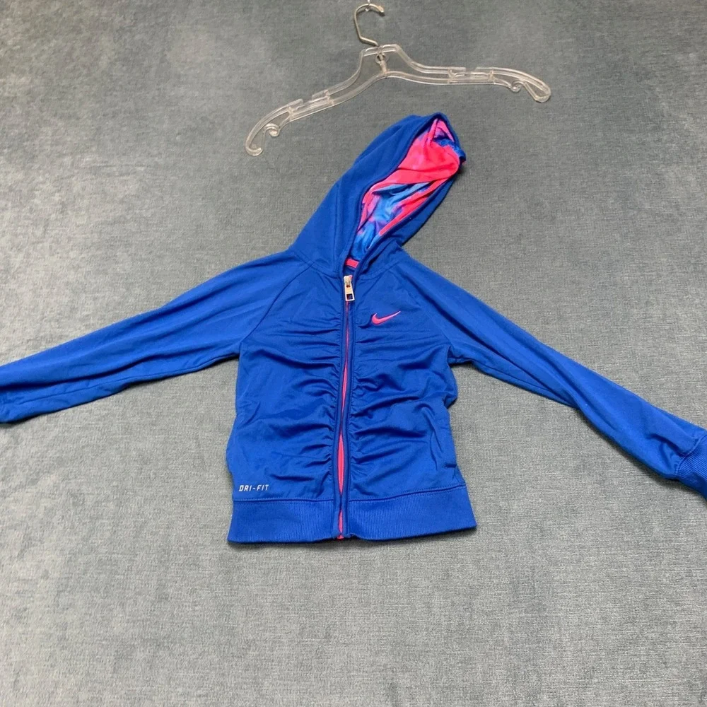 Nike Dri-Fit Full Zip Hoodie Girls 3T Blue Pink Swoosh Raglan Sleeve Activewear